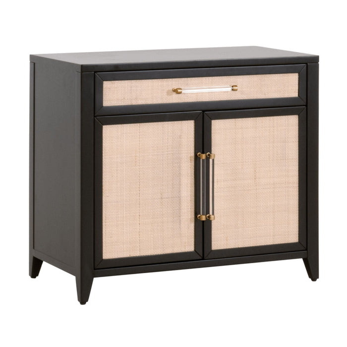 Hiland Black & Natural Rattan Media Chest with clear and brass handles, a drawer, and two cabinet doors.