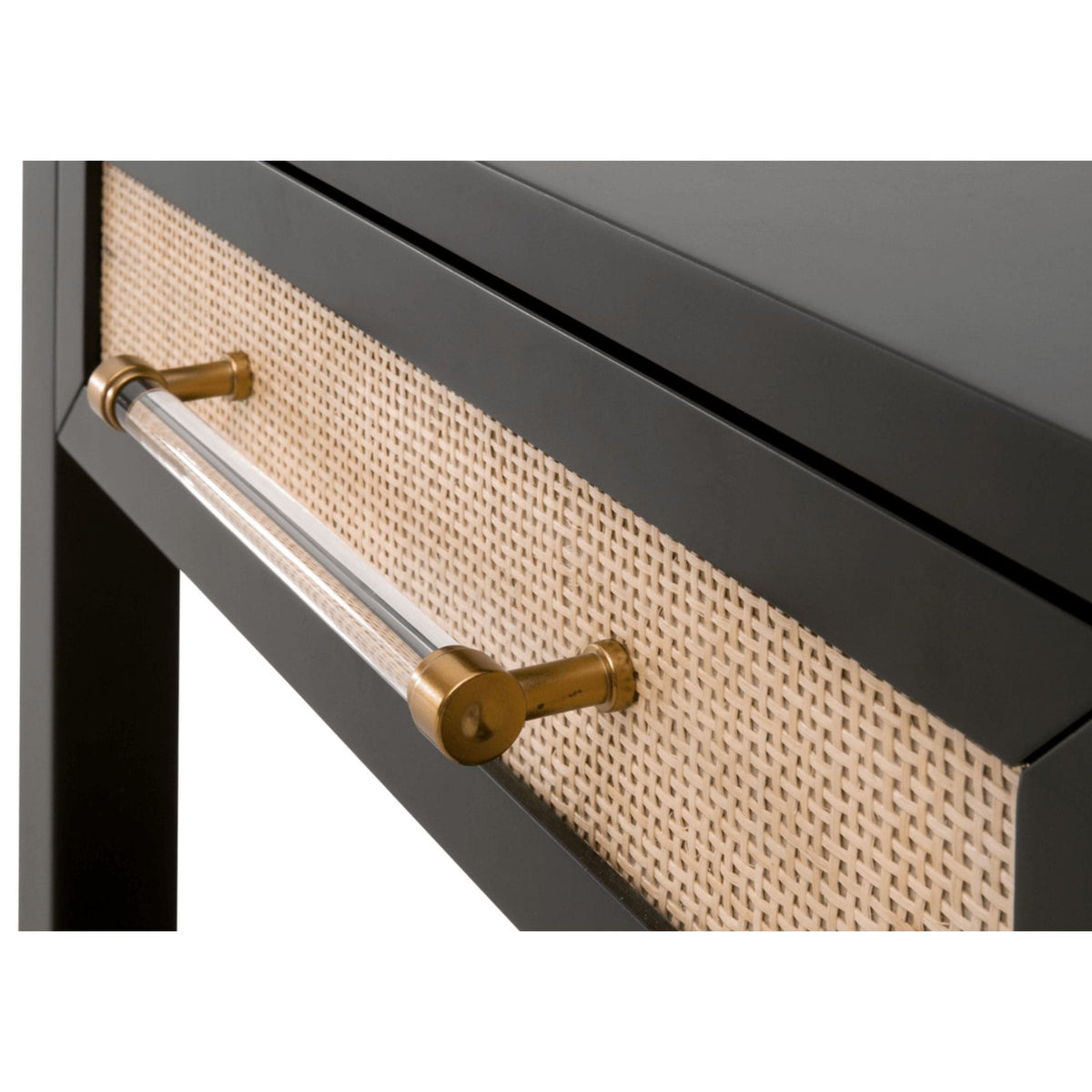 Hiland black side table with rattan drawer and clear handle with brushed brass ends.