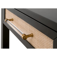 Hiland black side table with rattan drawer and clear handle with brushed brass ends.