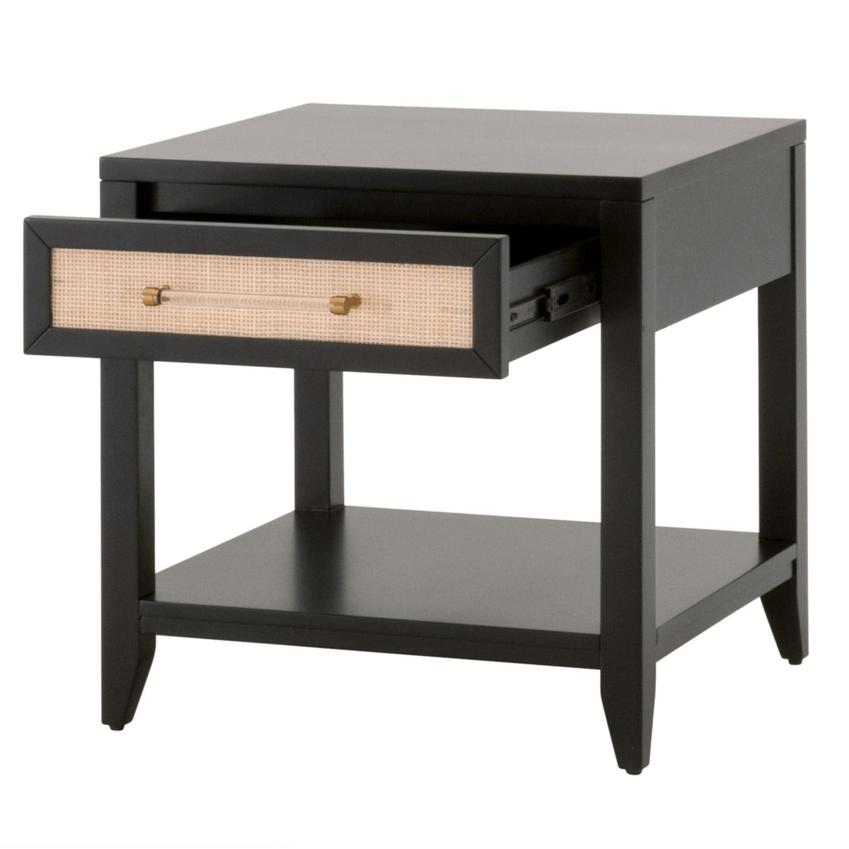 Hiland black side table with open rattan drawer, clear handle, and lower shelf.