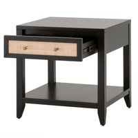 Hiland black side table with open rattan drawer, clear handle, and lower shelf.