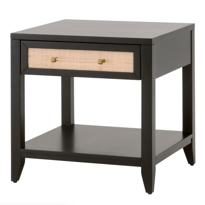 Black side table with a rattan drawer, clear handle, and lower shelf.