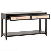 Hiland black acacia console table with two rattan inlay drawers, brass-end handles, and lower shelf.