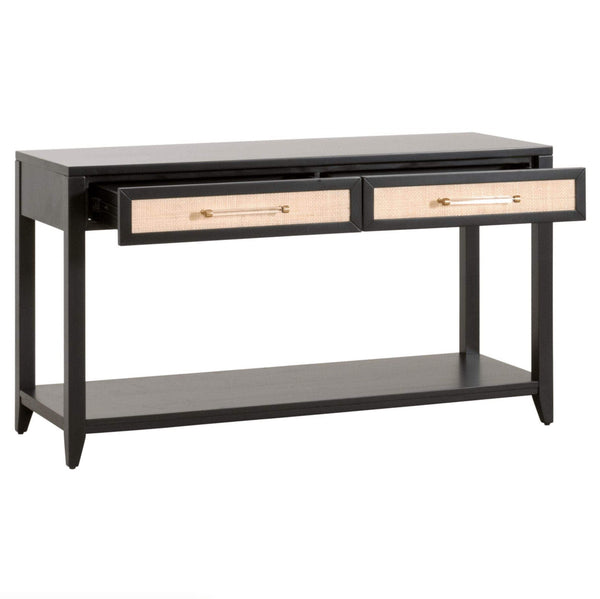Hiland black acacia console table with two rattan inlay drawers, brass-end handles, and lower shelf.