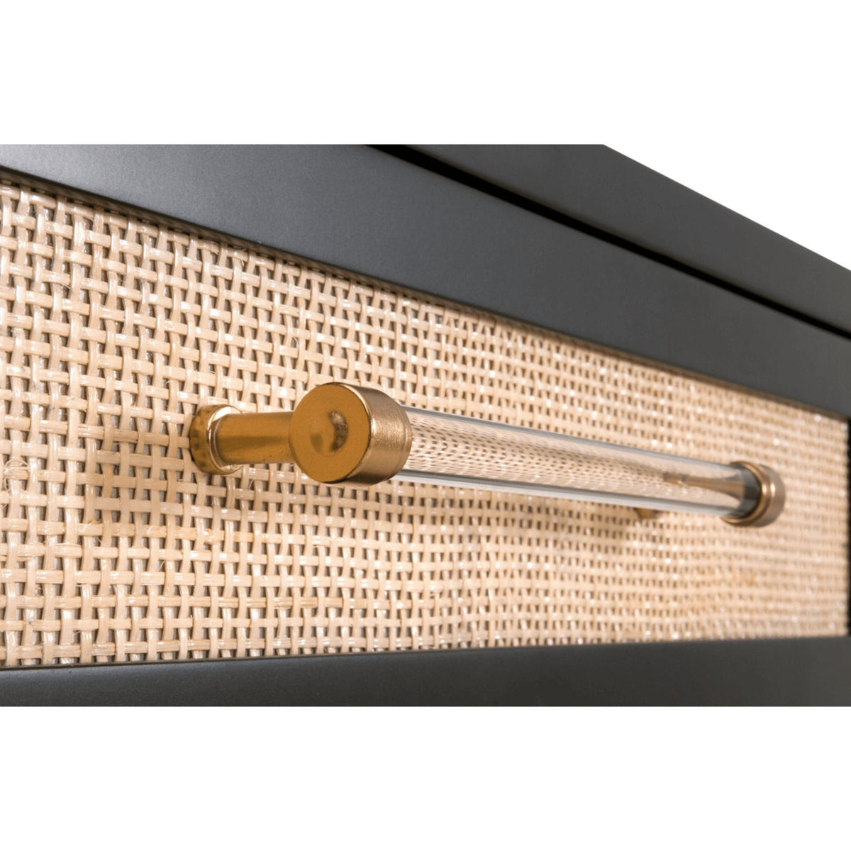 Close-up of Hiland black acacia console table drawer with natural rattan inlay and clear/brass handle.