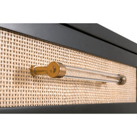 Close-up of Hiland black acacia console table drawer with natural rattan inlay and clear/brass handle.