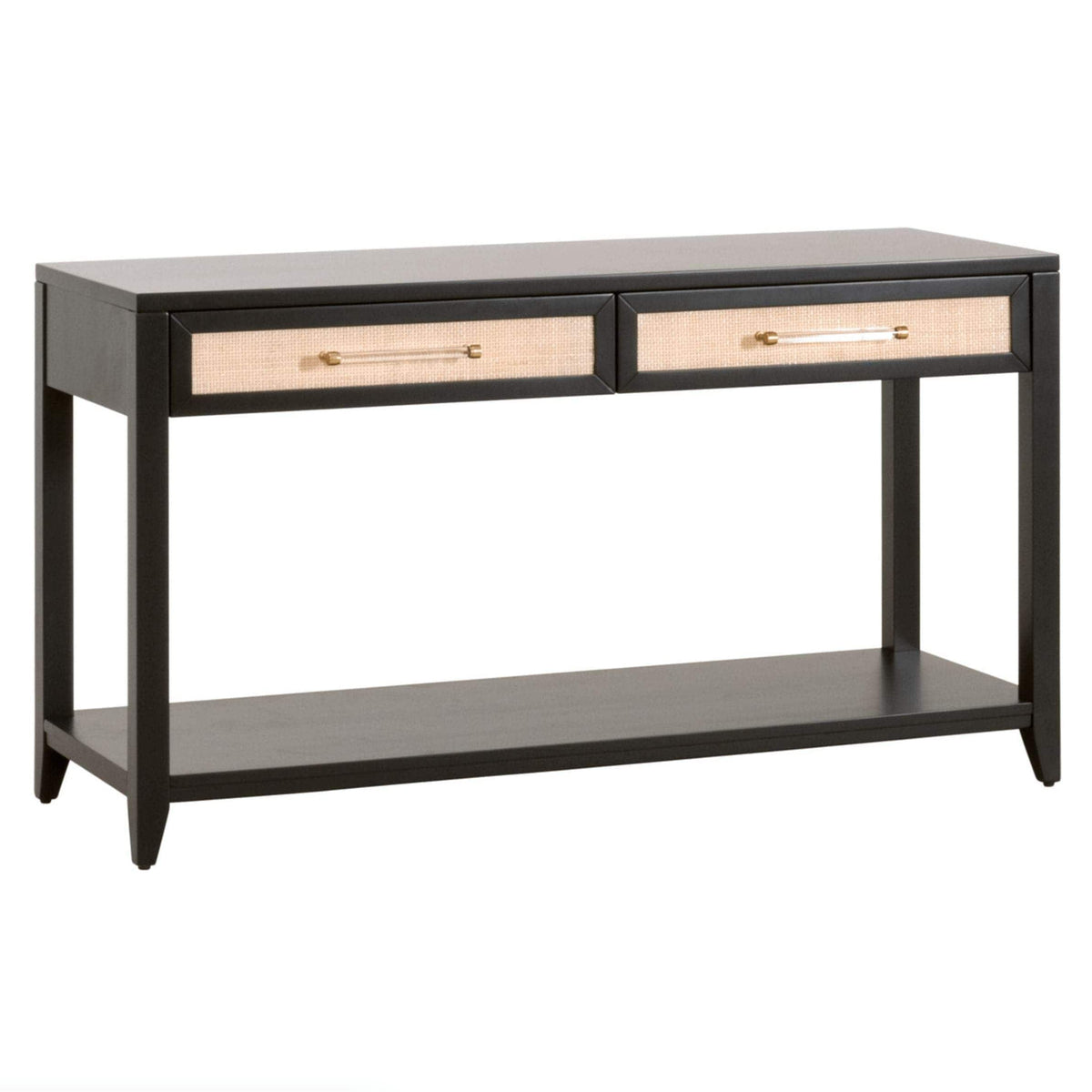 Hiland black acacia console table with two rattan inlay drawers, clear handles, and lower shelf.