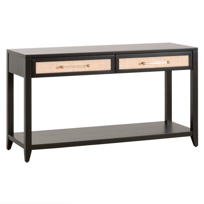 Hiland black acacia console table with two rattan inlay drawers, clear handles, and lower shelf.