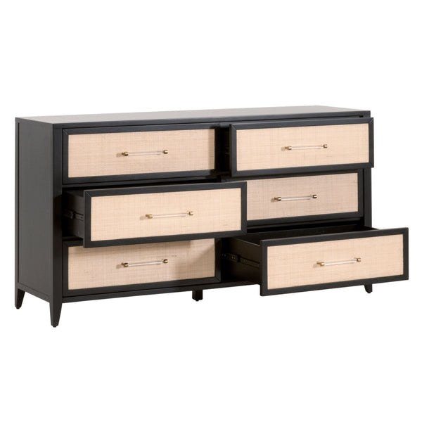 Hiland 6-drawer dresser: brushed black acacia frame, natural rattan inlay, clear handles with brass ends.