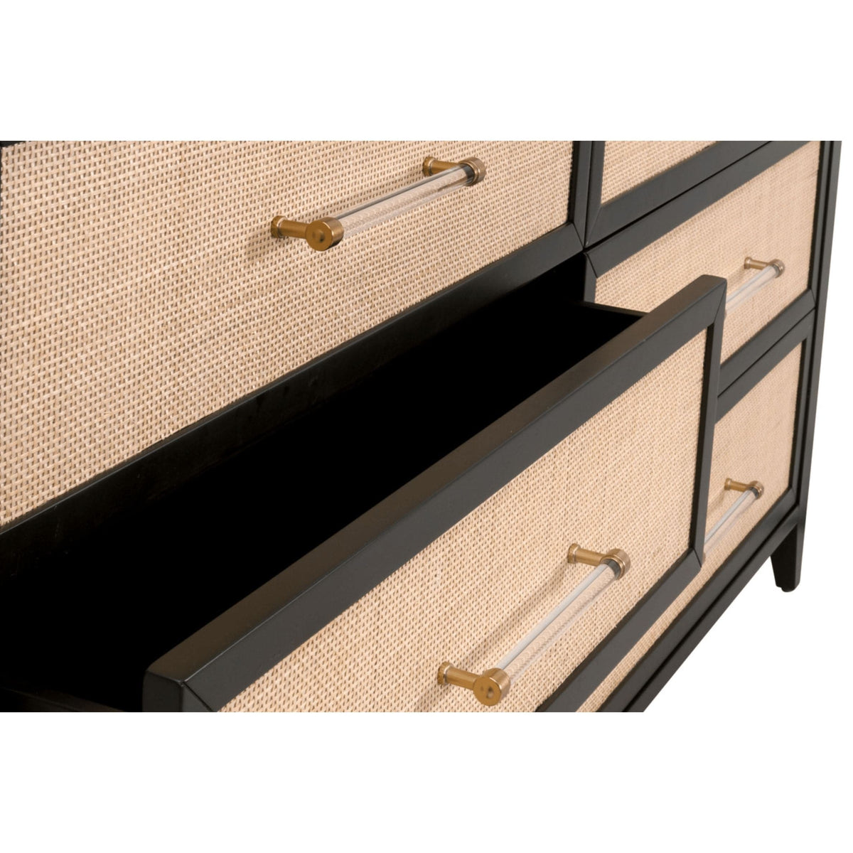 Hiland Black & Rattan 6-Drawer Dresser with natural rattan inlay, brushed black acacia wood, and clear brass handles.