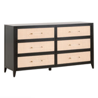 Hiland black acacia 6-drawer dresser with natural rattan inlay and clear brass-end handles.