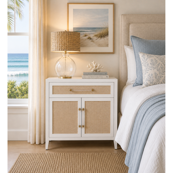Hiland Rattan & White Media Chest - Nightstand Side View | Bone & Brass