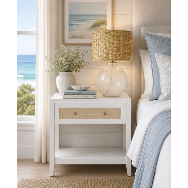 Hiland Rattan & White Nightstand - Nightstand Side View | Bone & Brass