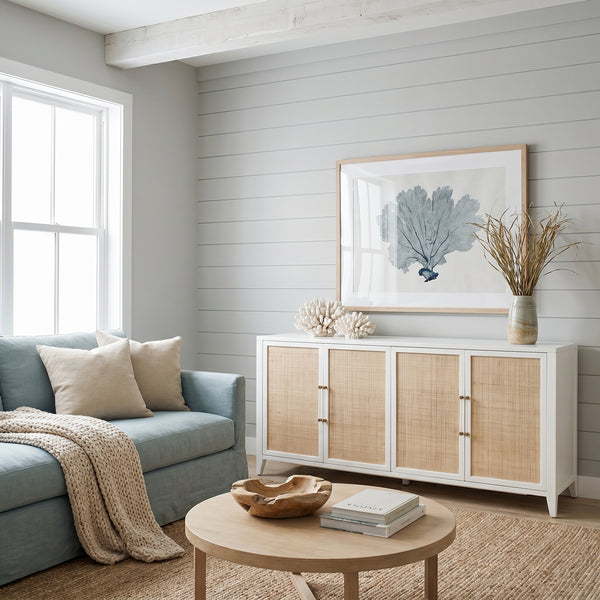 Hiland Rattan White Media Sideboard - Sideboard Side View | Bone & Brass