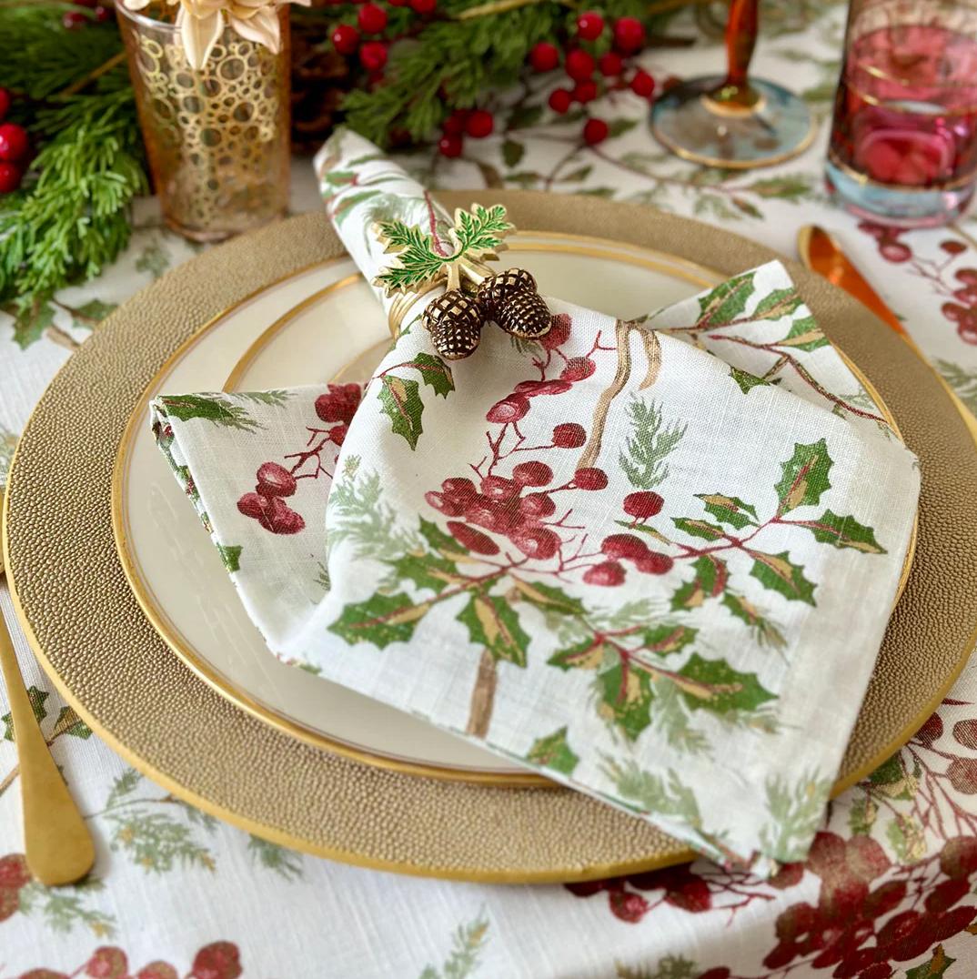 Holly Berry Metallic Gold Napkins, Set 4 - Napkin Detail | Bone & Brass