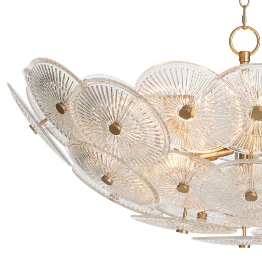 Holly Disc Chandelier with clear smoke glass medallions, natural brass finials, and a brass chain.