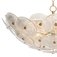 Holly Disc Chandelier with clear smoke glass medallions, natural brass finials, and a brass chain.