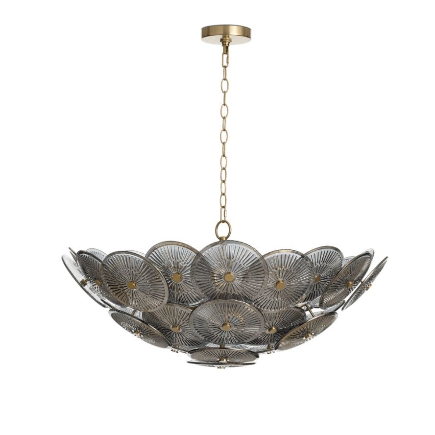 Holly Disc Chandelier with overlapping clear smoke glass discs, natural brass chain, and dotted finials.