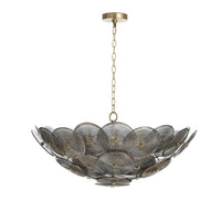 Holly Disc Chandelier with overlapping clear smoke glass discs, natural brass chain, and dotted finials.
