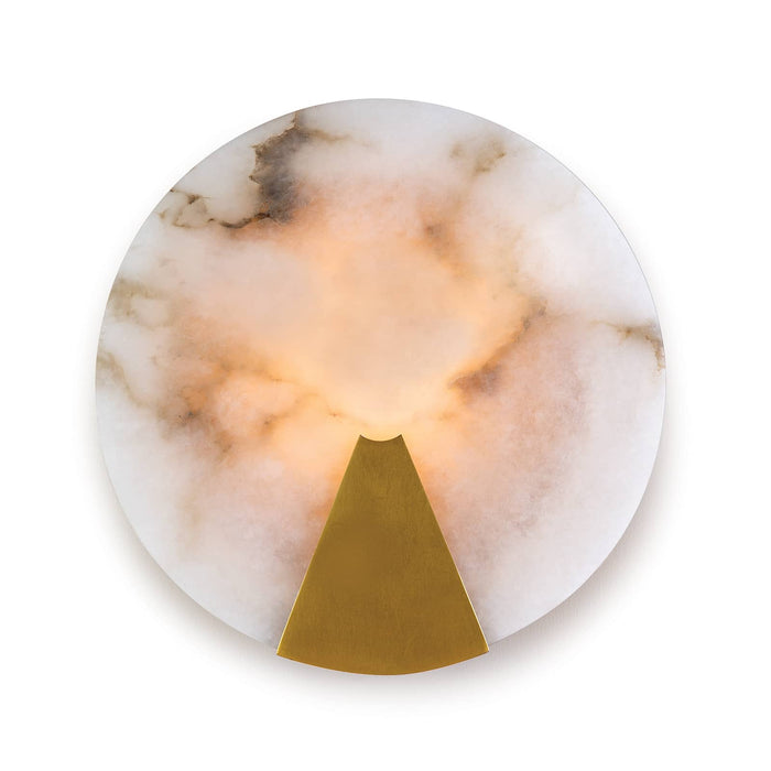 Houston sconce: round natural alabaster with warm light and a natural brass-finished metal frame.