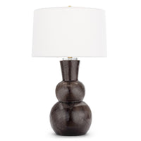 Hugo Black Ceramic Table Lamp with a textured, dark earthenware base and a white linen shade.