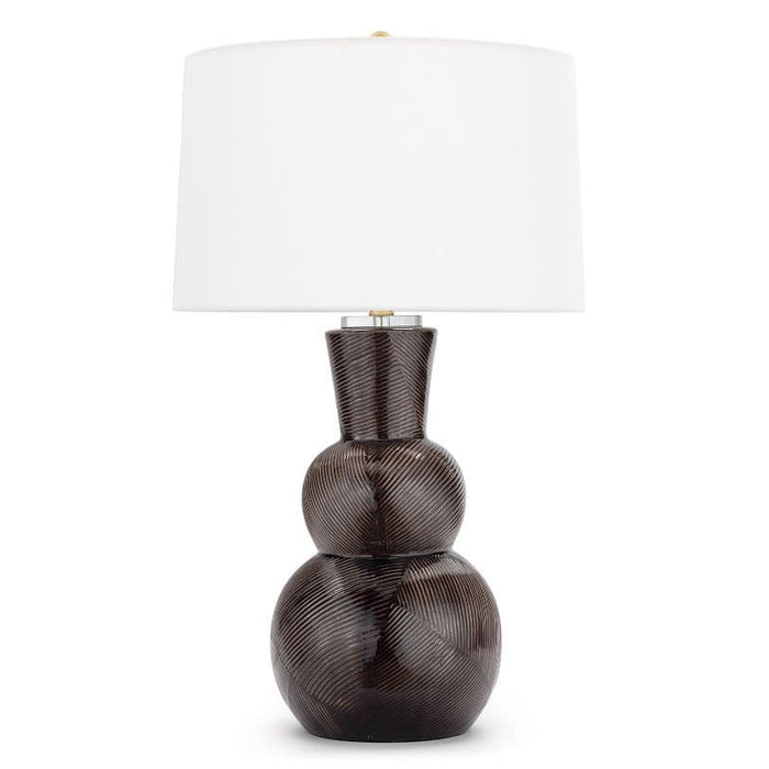 Hugo Black Ceramic Table Lamp with a textured, dark earthenware base and a white linen shade.