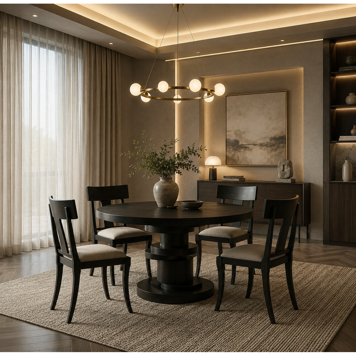 Hugo 60" round mahogany dining table in hand-rubbed black with a stacked geometric disc base.
