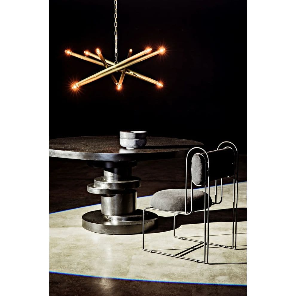 Hugo 60" round mahogany dining table with hand-rubbed black finish and stacked geometric disc base.