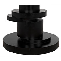 Hugo Dining Table base: round, hand-rubbed black mahogany with stacked geometric discs.