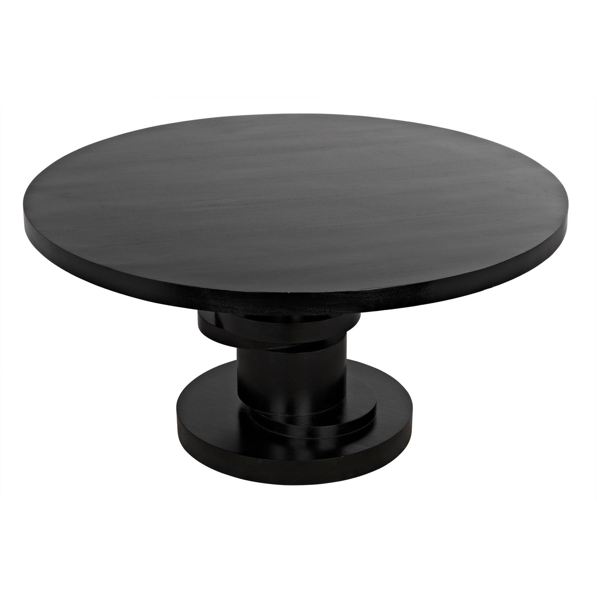 Hugo round mahogany dining table with hand-rubbed black finish and stacked geometric disc base.