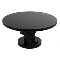 Hugo round mahogany dining table with hand-rubbed black finish and stacked geometric disc base.