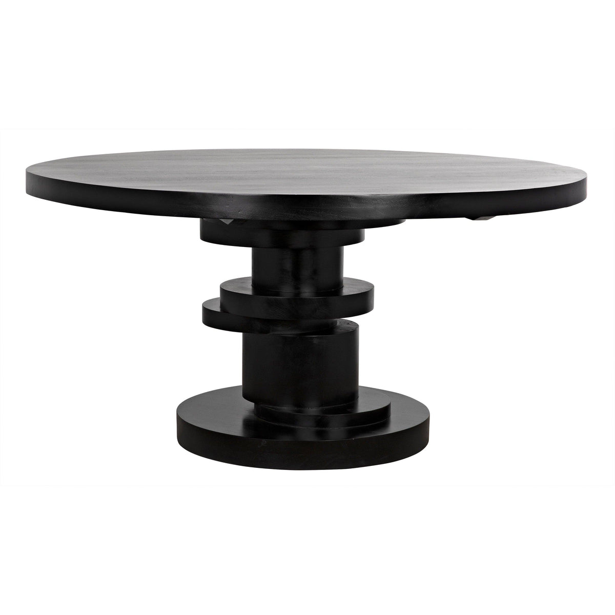 Round Hugo dining table in hand-rubbed black mahogany with a stacked geometric disc base.