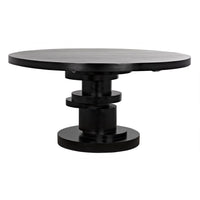 Round Hugo dining table in hand-rubbed black mahogany with a stacked geometric disc base.