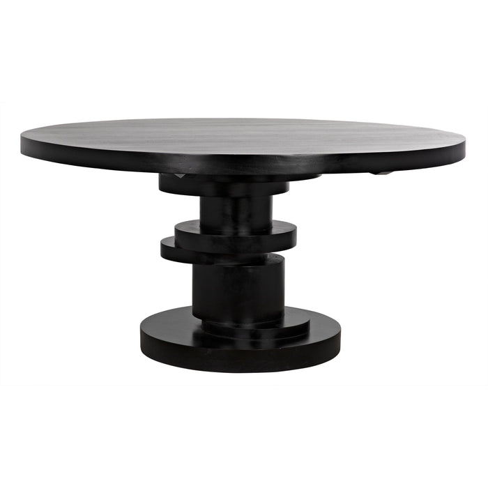 Round Hugo dining table in hand-rubbed black mahogany with a stacked geometric disc base.