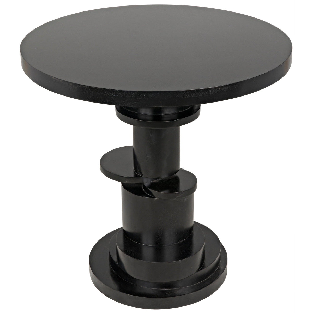 Hugo round side table with stacked concentric disc base, hand-rubbed black finish, modern sculptural design.