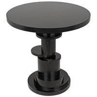 Hugo round side table with stacked concentric disc base, hand-rubbed black finish, modern sculptural design.