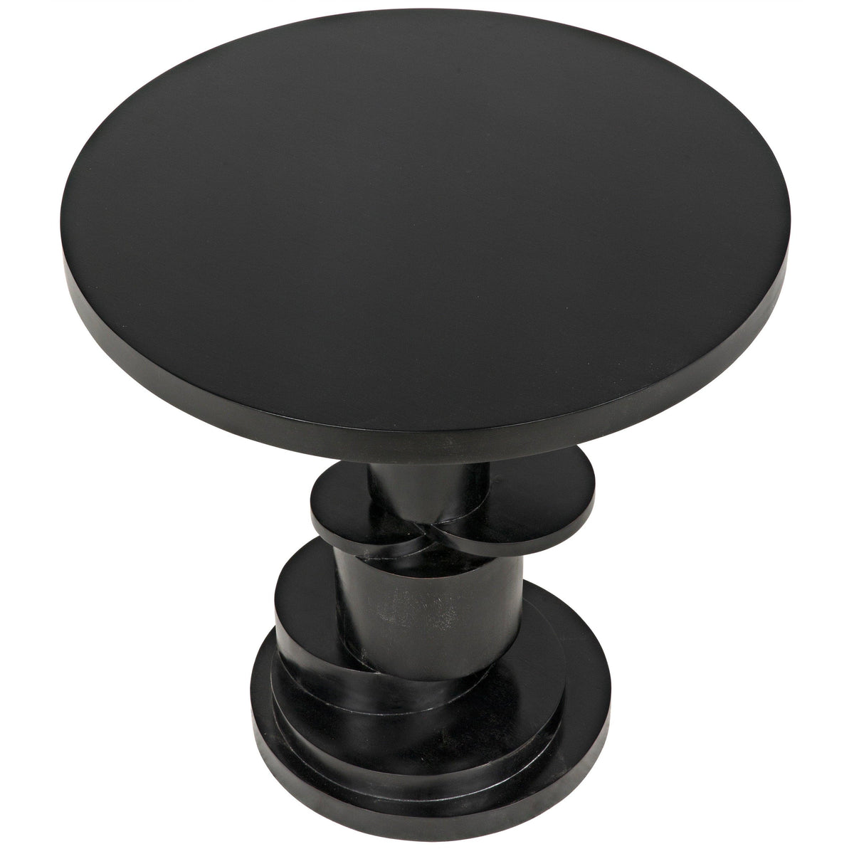 Hugo round side table in hand-rubbed black with a stacked, concentric disc base.