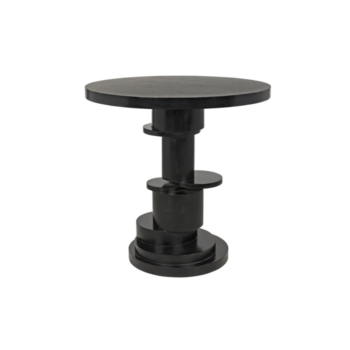 Hugo round side table in hand-rubbed black with a stacked, concentric disc base.