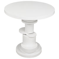 White Hugo mahogany side table with a circular top and unique stacked round base.