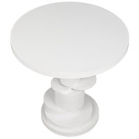 White Hugo mahogany side table with a circular top and unique stacked round base.