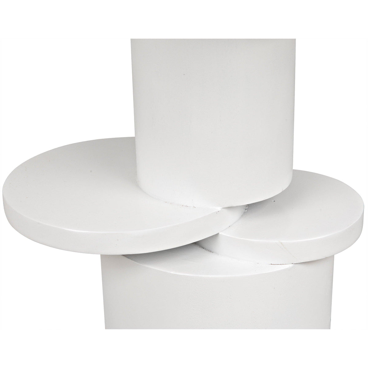 White Hugo mahogany side table with a circular top and unique stacked round base.