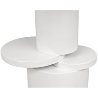 White Hugo mahogany side table with a circular top and unique stacked round base.