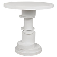 Hugo solid white mahogany side table with a circular top and unique stacked round base.