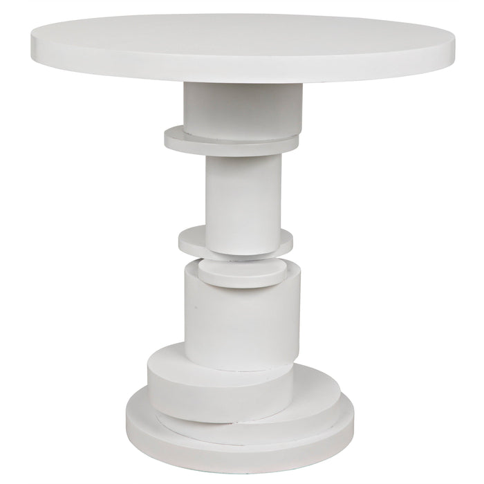 Hugo solid white mahogany side table with a circular top and unique stacked round base.