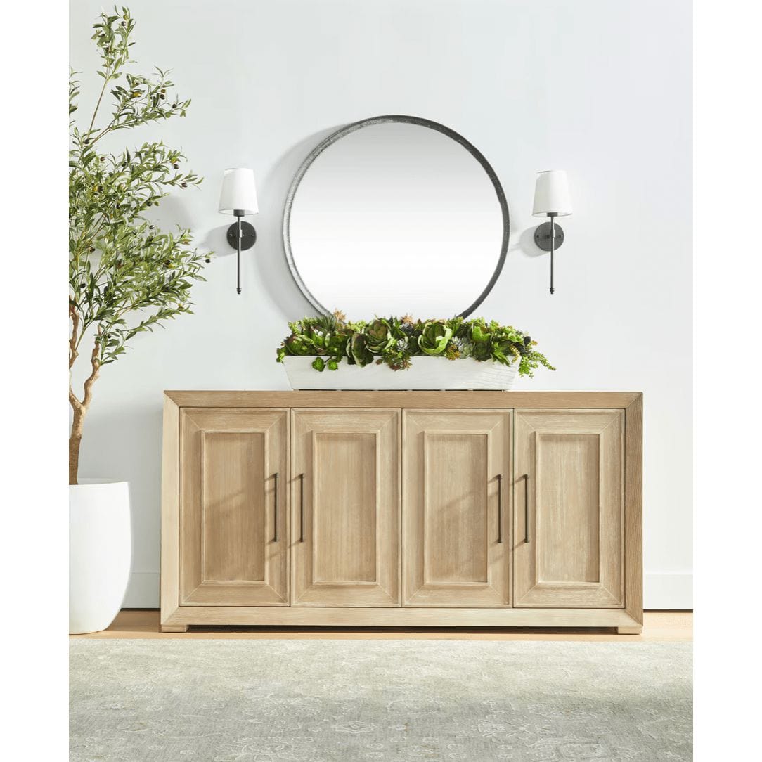 Hunter Natural Gray Media Sideboard, solid acacia wood with four doors, wood-trimmed panels, and black hardware.