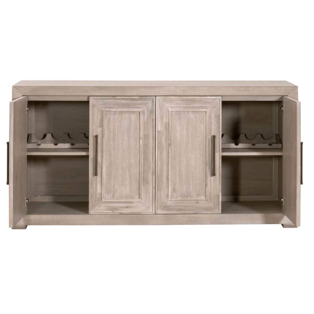 Hunter Natural Gray Media Sideboard with four open doors revealing wine racks and adjustable shelves.