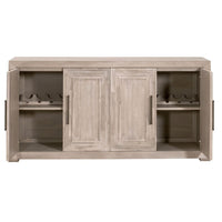 Hunter Natural Gray Media Sideboard with four open doors revealing wine racks and adjustable shelves.