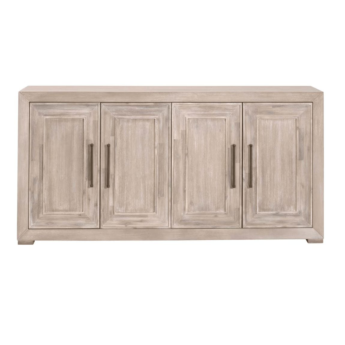 Hunter Natural Gray Media Sideboard, solid acacia wood with four paneled doors and dark handles.