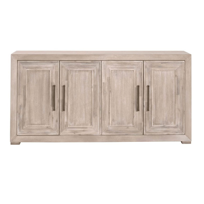 Hunter Natural Gray Media Sideboard, solid acacia wood with four paneled doors and dark handles.