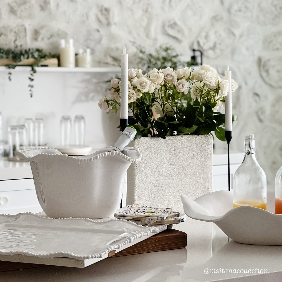 Vida Alegria Rectangular Tray Handles White - Tray Side View | Bone & Brass